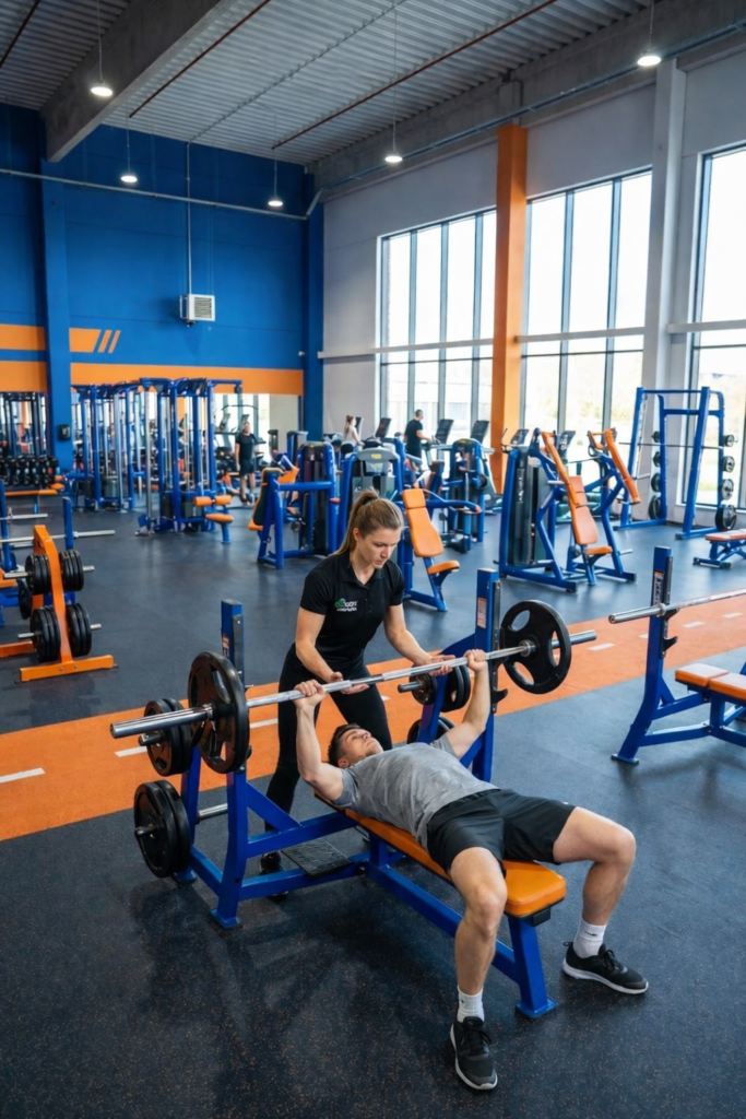 Entrenadora personal de You On Trainers guiando sesión en gimnasio amplio
